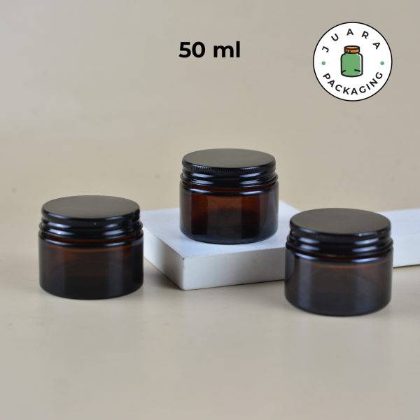 Pot Cream Kaca Amber Tutup Hitam - 50 ml