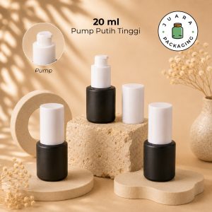 Botol Kaca Hitam Tutup Pump Putih Silinder Tinggi - 20ml