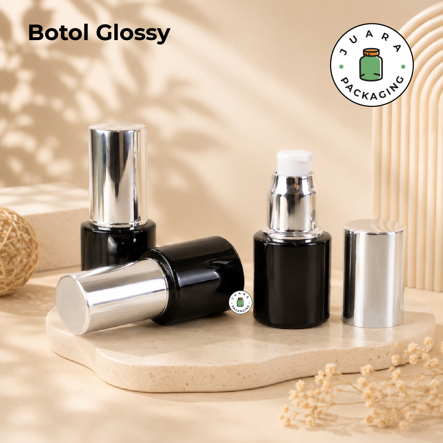 Botol Kaca Hitam Tutup Pump Silver Tutup Silinder - 20ml - Image 7